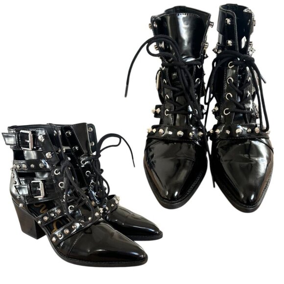 SAM EDELMAN BLACK SPIKE LEATHER POINTED TOE ELANA ANKLE BOOTIES 7.5 EUC - Picture 3 of 5